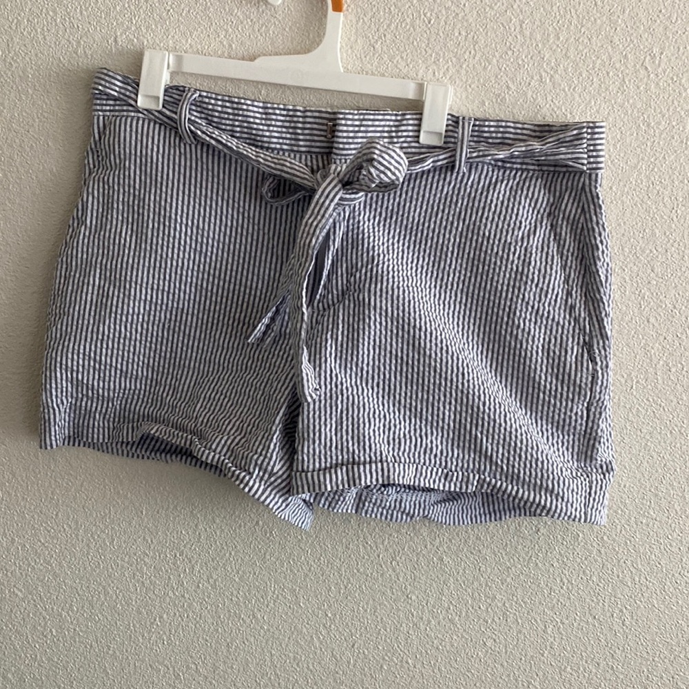 Striped linen shorts with tie belt